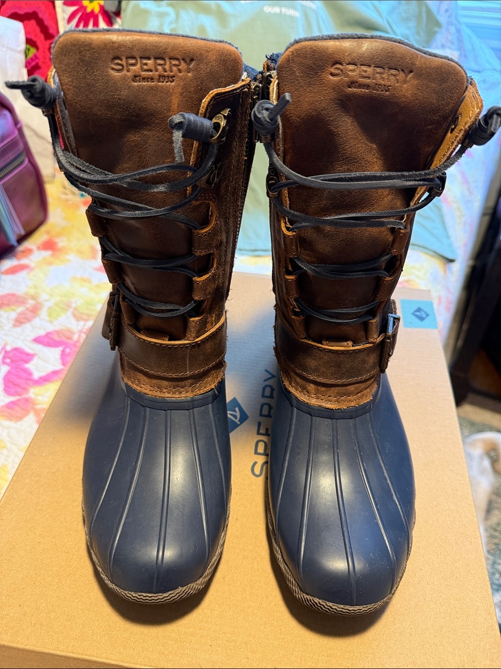 Sperry Navy Rubber & Brown Leather Lace-Up Duck Boots
